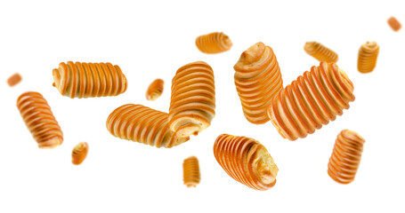 Home made pies spiral surface fly and levitate in space. Volumetric back light. Isolated on white.