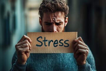 Stressed Man Holding Cardboard Sign Conceptualizing Mental Health Challenges and Emotional Strain