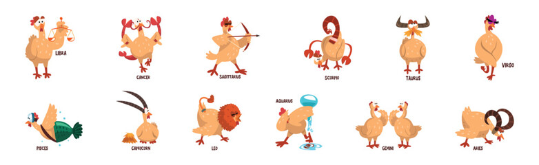 Zodiac Sign with Funny Chick Character Vector Set