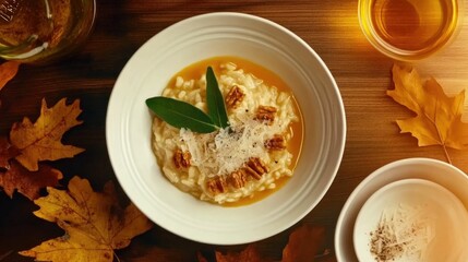 Autumn-inspired pumpkin risotto: golden risotto, parmesan topping, sage garnish