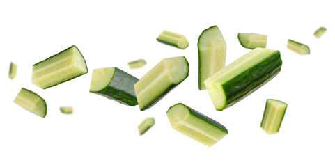 Cucumber slices of triangular cross-section bars fly and levitate in space. Isolated on white.