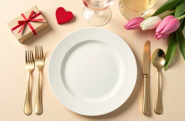 Flat composition. Top view of table setting with white plate, partings, glass of wine, bouquet of tulips, gifts and paper hearts. Women's day and Valentine's day concept.