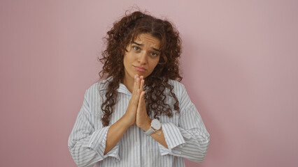 Young brunette hispanic woman in striped shirt with hands in praying gesture, looking at camera over isolated pink background