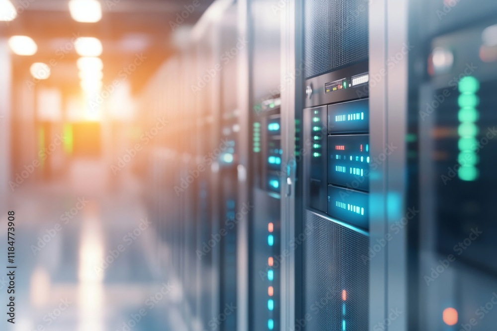 Poster Sleek server rack features glowing blue and green LEDs in a minimalist data center with a polished floor reflecting high-tech elements and vibrant lights