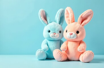 Obraz premium Two stuffed animals, blue and pink-orange bunnies on blue background. Gifts or decoration on Valentine's day, Easter, birthday or baby shower. Children's events. Copy space