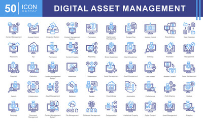 Digital Asset Management icon collection set. Containing repository, cloud file ,database ,indexing, version control, cms, content icon. Simple vectors illustration.
