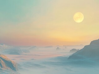 Fototapeta premium Serene Pastel Landscape with Distant Moon and Mountains