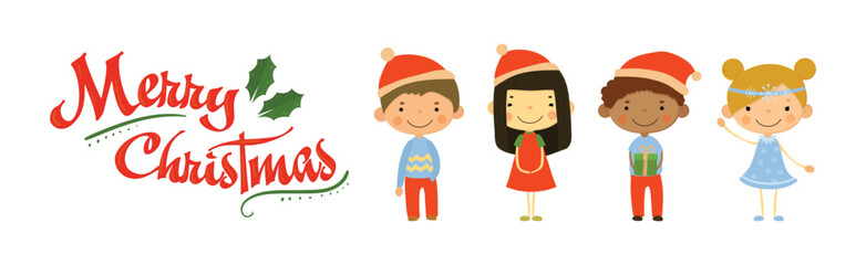 Merry Christmas with Kid Wear Holiday Costume Vector Set
