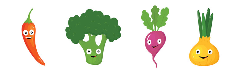 Funny Vegetable Character with Smiling Face Vector Set