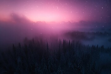 Fototapeta premium A snowy forest transforms at dusk as pink and purple hues illuminate the sky, enveloping the landscape in tranquility and casting a serene glow over the trees