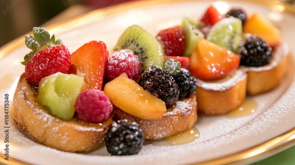 Poster a whimsical presentation of mini honey toast bites served on a plate, topped with colorful fruit and
