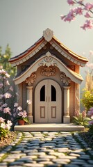 An adorable intricately crafted vintage wooden dog house.
