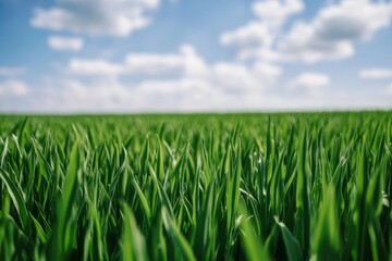Obraz premium Lush green grass under a bright sky filled with soft clouds on a sunny day