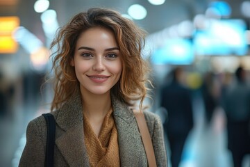 Obraz premium Portrait of a Smiling Young Woman in a Busy Urban Environment with Soft Focus Background