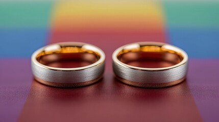 Two gold wedding rings on a rainbow LGBT flag background. abstract background