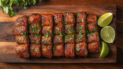 A wooden serving board with perfectly fried pork belly slices arranged in a line, glistening with...