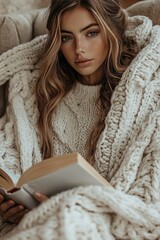 Cozy Autumn Reading: Woman Relaxing with a Book in a Warm Knitted Blanket