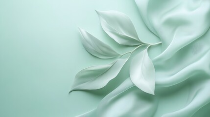Obraz premium Pale Green Leaves Resting on Soft Silk Fabric