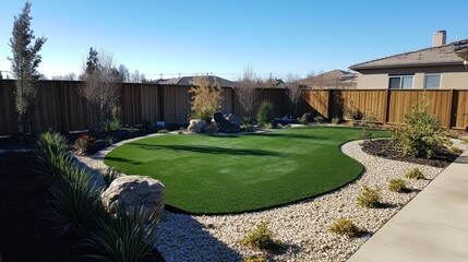 Large backyard garden of a suburban house with lush green trees on terrace with grassy lawn on sunny summer day in house garden