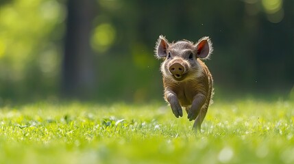 Obraz premium Cheerful warthog running on lush green grass 