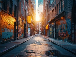 Fototapeta premium Sunlight floods a hidden alley filled with vibrant murals, showcasing the art of urban exploration