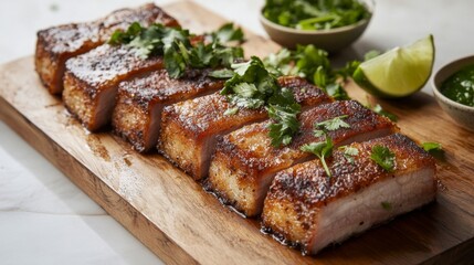 A wooden serving board with perfectly fried pork belly slices arranged in a line, glistening with fish sauce, with fresh herbs and lime wedges on the side.