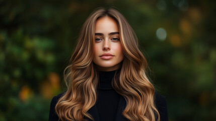 Naklejka premium portrait of a beautiful woman with long healthy wavy hair again a blurred floral background and pink flowers 