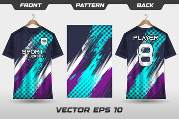 T-shirt sport jersey design template with abstract grunge halftone pattern background. Sport uniform in front view. T-shirt mock up for sport club. Vector Illustration