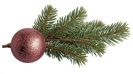Christmas tree branch with a decorative ball on a white or transparent background (PNG format). 