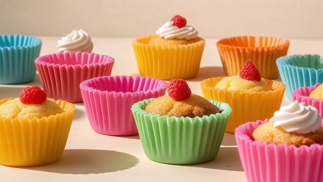 Colorful Cupcakes in Vibrant Silicone Baking Cups with Raspberries