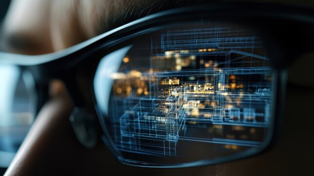 Close up of smart glasses showing holographic projection of industrial building, reflecting innovative technology in architecture and engineering