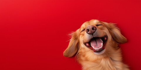 happy golden retriever dog again vibrant red background