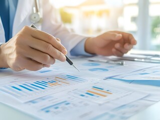 A person analyzing medical reports with graphs and charts. This image depicts a healthcare professional reviewing data for better decision-making in patient care and treatment.