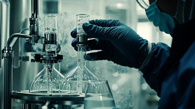 Scientist conducts chemical experiment in laboratory setting during the day