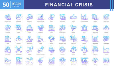 Economy Crisis icon collection set. Containing depressions, economic downturn, financial meltdown, stock marker cash, recession, credit crunch, default, trade war icon. Simple vectors illustration.