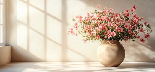 Pink flowers in a vase by a window, sunlight streaming in.