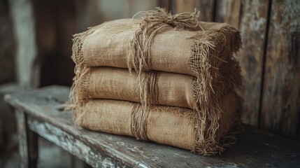 Vintage Burlap Sacks Stacked on Rustic Wooden Bench in Farmhouse Setting