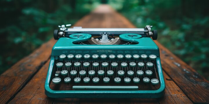 Vintage typewriter silk screen print style forest path creative art nature scene eye level nostalgic concept