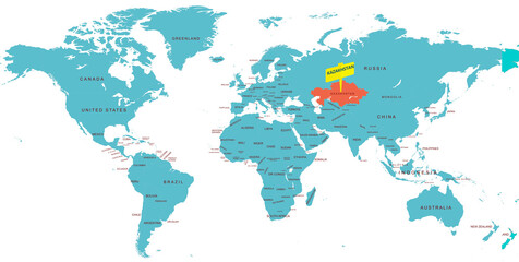 World Map Highlighting Country of Kazakhstan With Geographic Details
