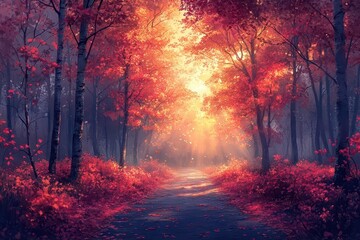 vibrant autumn forest path through golden maple trees with sunlight streaming through branches morning fog and red fallen leaves creating magical atmosphere