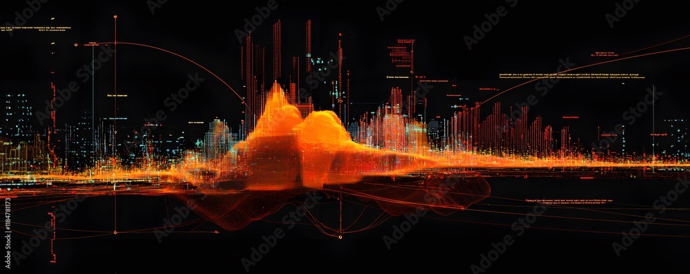 Poster an abstract digital waveform visualization, representing data and audio frequencies. vibrant colors 