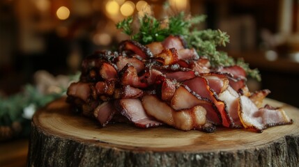 Crispy bacon strips piled on a wooden board, with the golden-brown fat glistening under the light and herbs as garnish.