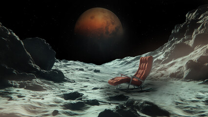 Fototapeta premium Futuristic chair on a distant moon with Mars looming in the background during a starry night