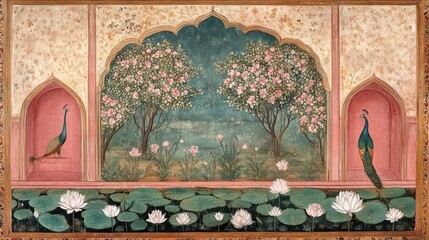 Peacocks flanking a tranquil garden scene with flowering trees, pink roses, lotuses, and a reflecting pool, depicted within an ornate architectural frame.