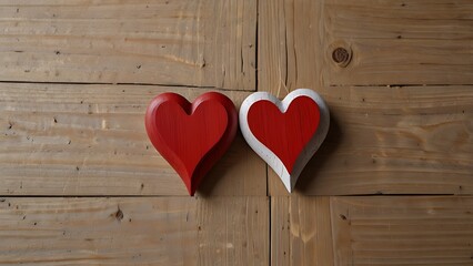 Two Wooden Hearts on Wood - Love, romance, togetherness, opposites, connection. Two hearts symbolize a loving bond white background