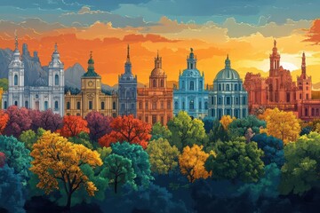 vibrant collection of modern european city travel posters featuring iconic landmarks and cultural elements from copenhagen barcelona athens and warsaw