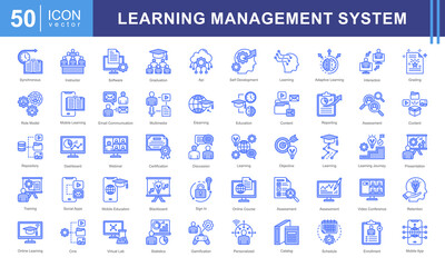 Learning Management System icon collection set. Containing blended, virtual classroom, courseware, gamification, assessment, synchronous, course catalog icon. Simple vectors illustration.