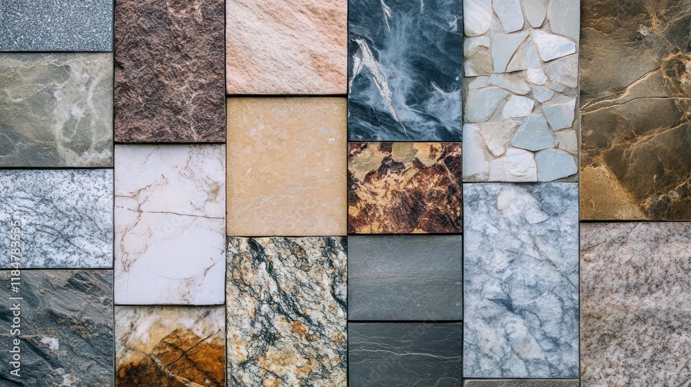 Poster A collection of various stone and marble tile samples arranged in a grid pattern.