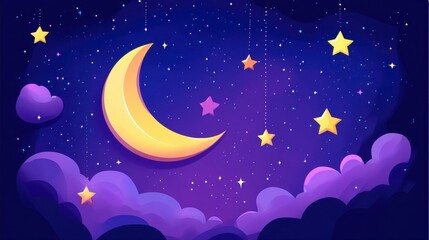 Naklejka premium Enchanted Night Sky with Stars and Moon. A Dreamy and Peaceful Night Sky Illustration for Kids.