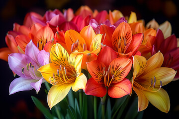 Fototapeta premium Bouquet of colorful lilies on black background, close up
